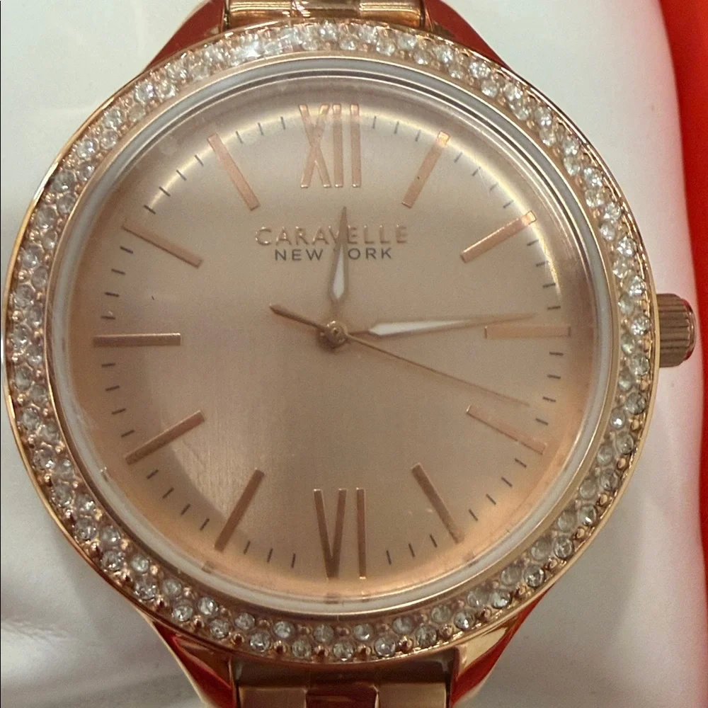 Caravelle New York Rose Gold Crystal Face Women’s Watch brand new retail $120